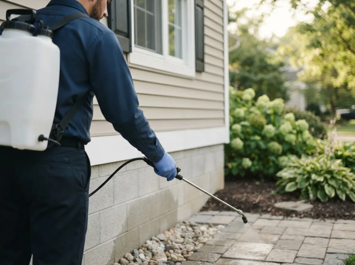 Pest control technician inspecting a home in Thomson, IL